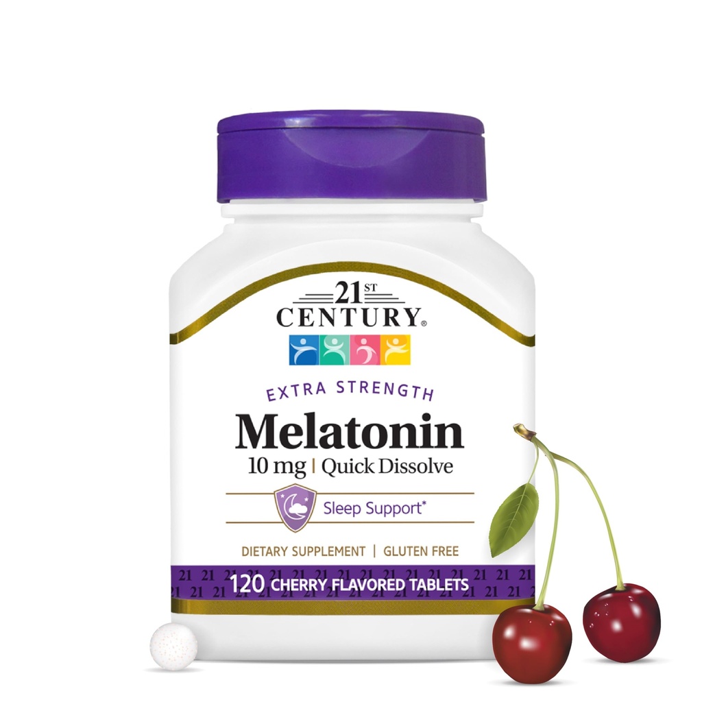 21st Century Melatonin 10mg Extra Strength, 120 Count, Quick Dissolving Sleep Aid for Adults, promuove il rilassamento e il sonno riposante, Non-Habit Forming, Gluten-Free, Cherry Flavor