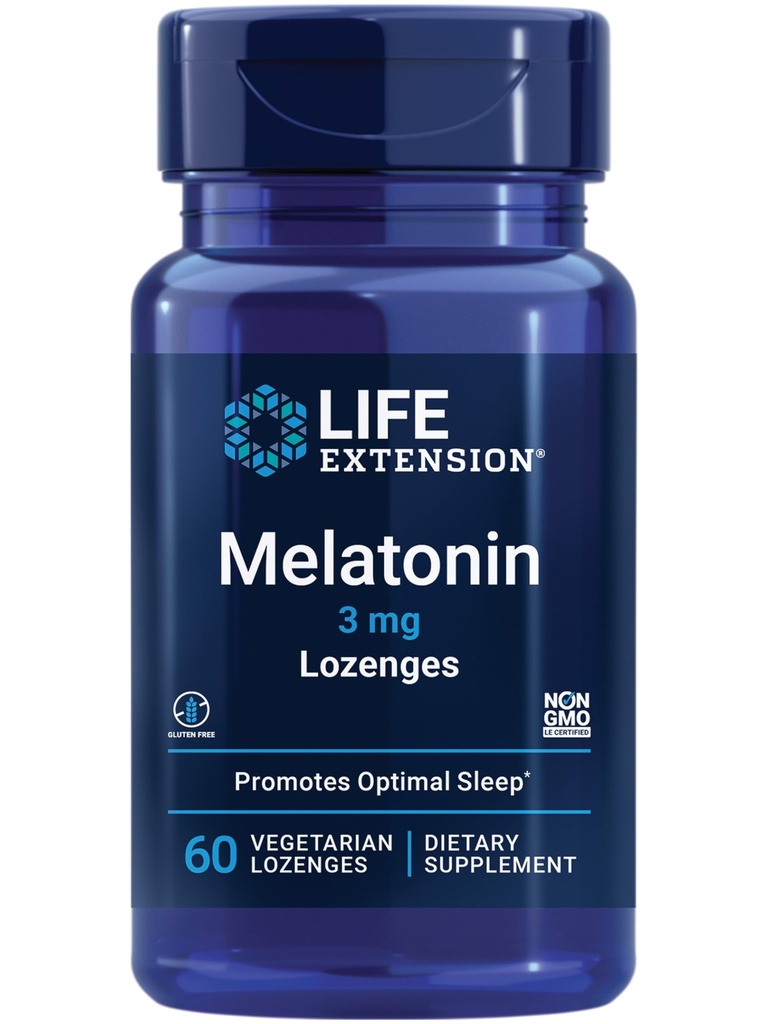 Melatonina Estensione della vita, 3 mg, Supporto ottimale del sonno, Ritmi circadiani sani, Difesa cellulare, Senza glutine, Non OGM, Vegetariano, 60 lozenges masticabili