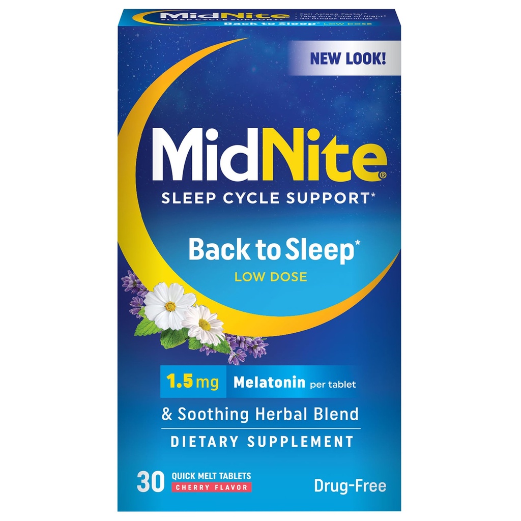 MidNite Back to Sleep Low Dose, 1.5 mg Melatonin Sleep Aid, Non-Habit Forming, Integratore dietetico per Adulti, Senza Droga, Senza Glutine, Senza Lattosio, Vegetariano, Vegan, 30 compresse di Melt Rapide
