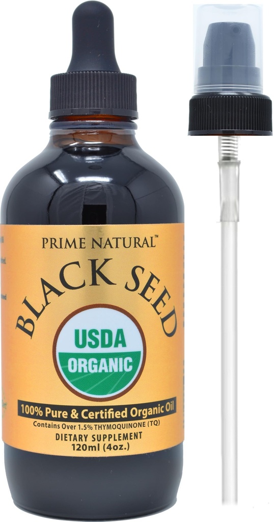 Prime Natural Organic Black Seed Oil 4oz - Pressato a freddo Alto Thymoquinone 1.7% USDA Certificato - Turco Origine Potente Nigella Sativa Liquid - Vegan Omega 3 6 9, Antiossidante