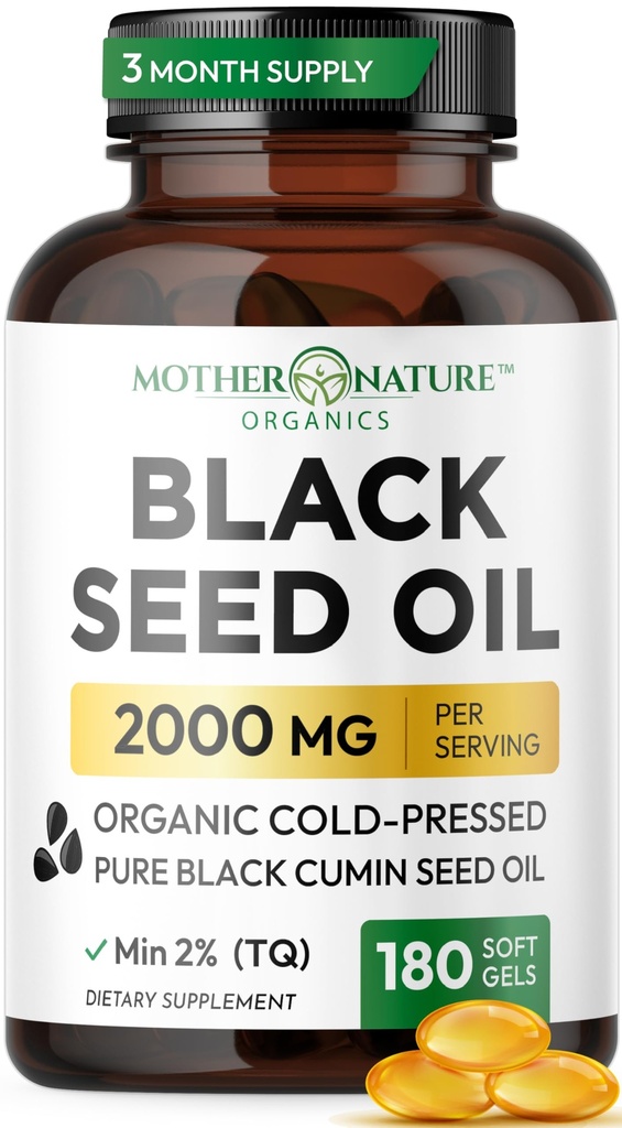 Capsule di olio di semi neri 2000mg per il servizio, Cumino nero pressato a freddo biologico, Alto TQ, Supporto misto Immune &, 180 conteggio (3 mesi di fornitura)