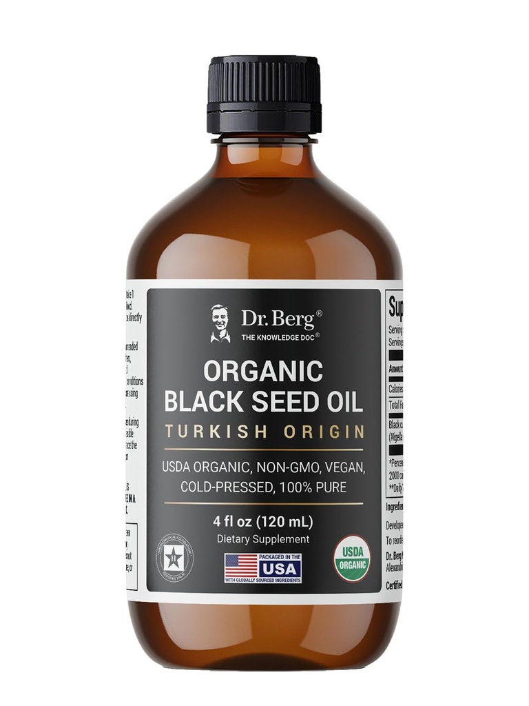 Dr. Berg Black Seed Oil Organic Cold Pressed – Pure Nigella Sativa Black Cumin Oil – USDA Organic, Halal, Vegan – per capelli, pelle, supporto immunitario – Liquido non raffinato – Bottiglia di vetro 4 oz