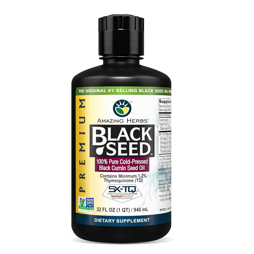 Amazing Herbs Premium Black Seed Oil - Cold Pressed Nigella Sativa Aids in Digestive Health, Supporto immunitario, Funzione cerebrale, Mobilità congiunta, Senza glutine, Non OGM - 32 Fl Oz