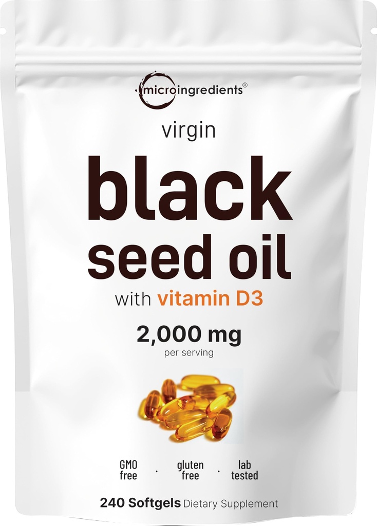 Micro Ingredienti Olio di semi nero con vitamina D3 1000 IU, 240 Softgels | 2.000 mg Olio di semi neri per porzione | Nigella Sativa olio | 2-in-1 Formula di olio di semi non raffinati | Non OGM, cGMP Prodotto