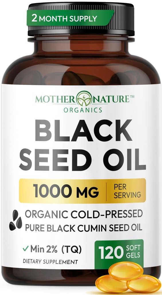 Capsule di olio di semi neri 1000mg, Cumino nero stampato a freddo biologico, Alto TQ, Supporto misto Immune &, 120 conte (2 mesi di alimentazione)