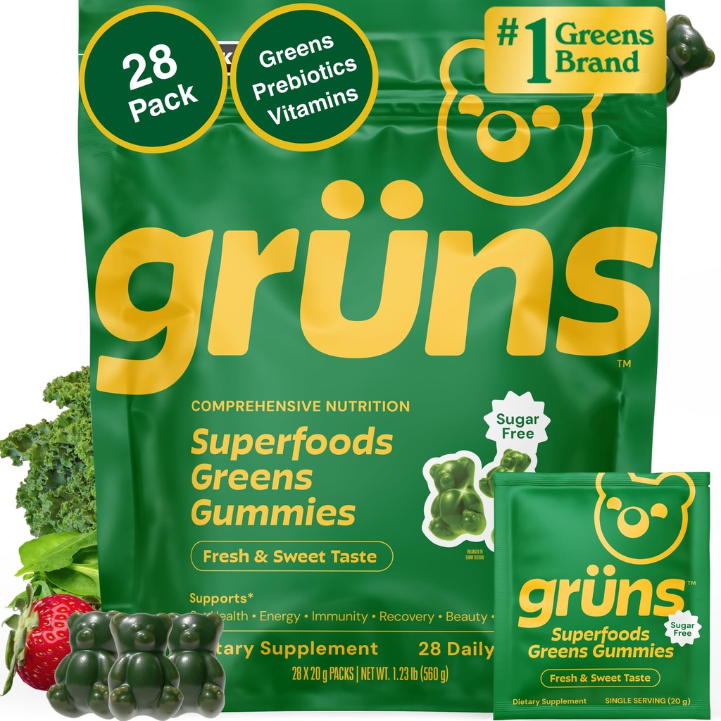 Gruns adulti senza zucchero Super Verdi Multivitamina Gummies, Superfood Gummy Vitamine per le donne e gli uomini con Spirulina, Clorella, Adaptogens & Prebiotic Fiber per la salute digestiva (28 Conte)