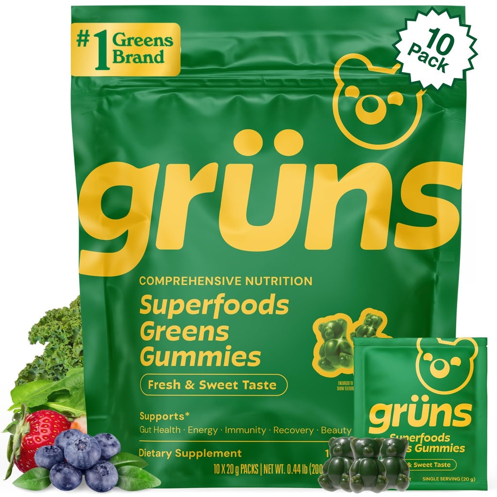Gruns Adults Super Greens Gummies, Multivitamin Superfood Gummy Bears, Spirulina, Chlorella, Prebiotics & Fiber Gummies per la salute digestiva, Supplemento Adaptogens, 20 vitamine & minerali, 10 conte