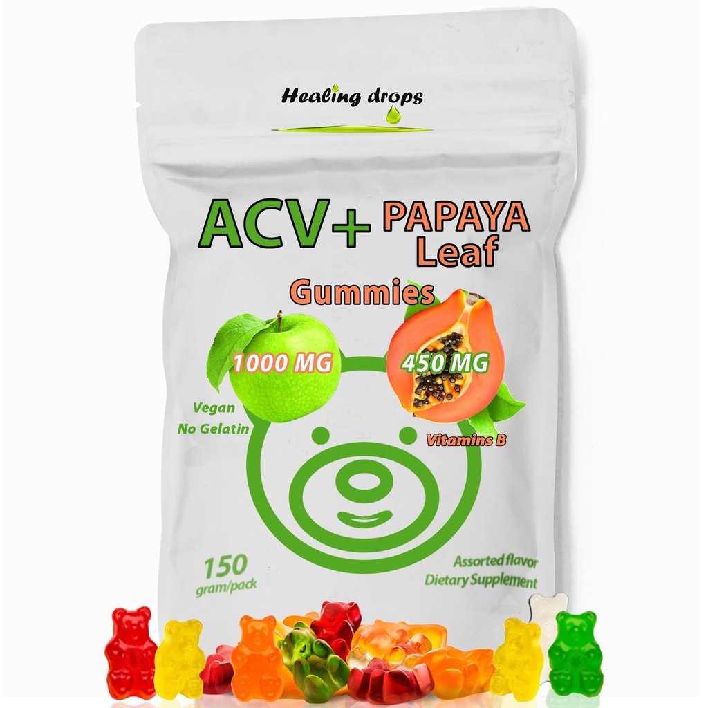 ACV Gummies & Papaya Leaf Extract Gummies - Premium Potent Apple Cider Vinegar Supplement - Iodine Infused & Vitamine B6 B12 – Platelets Hair Skin & Heart Friendly (1, Regolare)