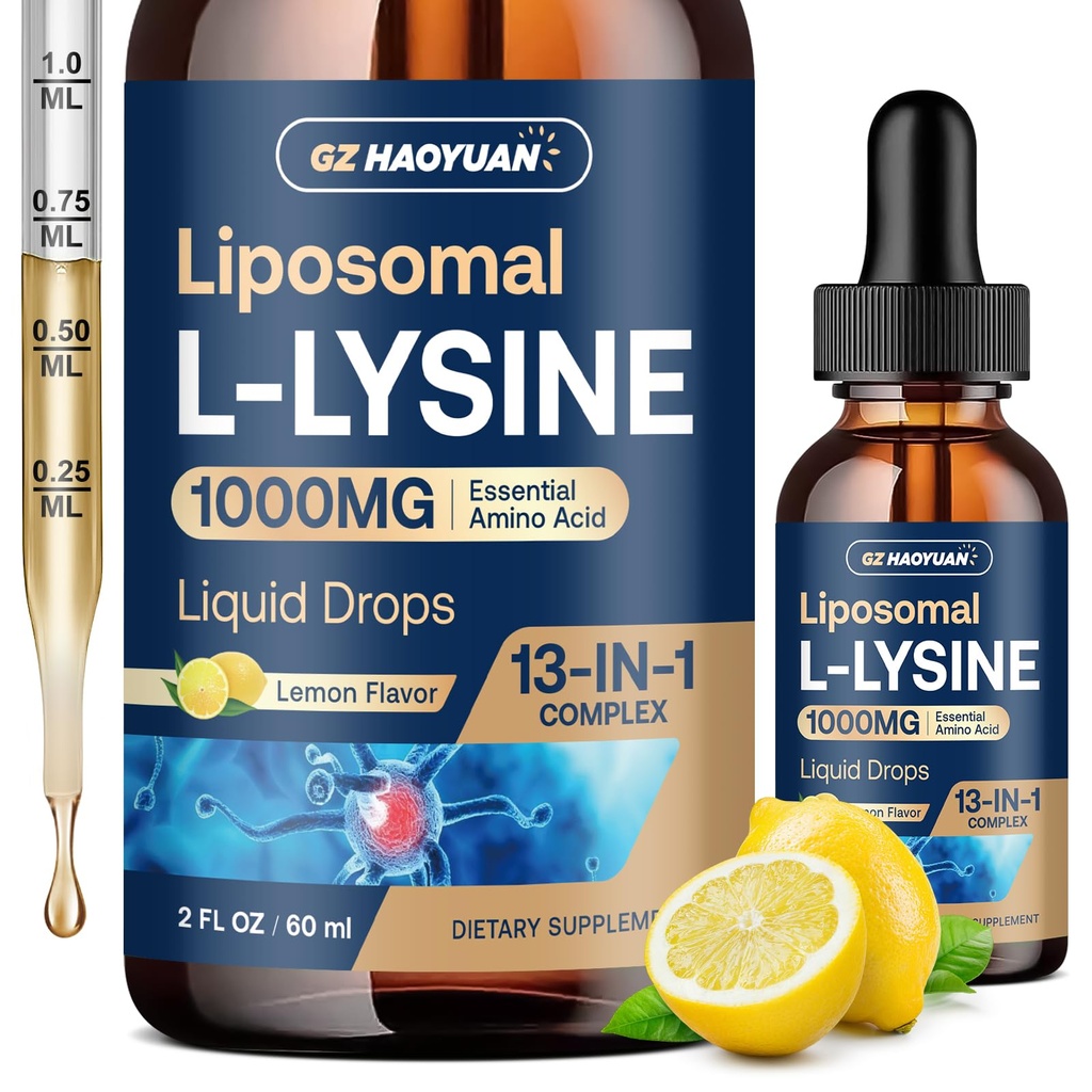 L-lysine L-lysine 1000MG Gocce liquide, 13-in-1 Integratori di lisina – Monolaurina, Estratto di foglie di oliva con vitamina C, B6, D3, B12 & Zinc per collagene, labbro, pelle e supporto immunitario per bambini e adulti, 2oz