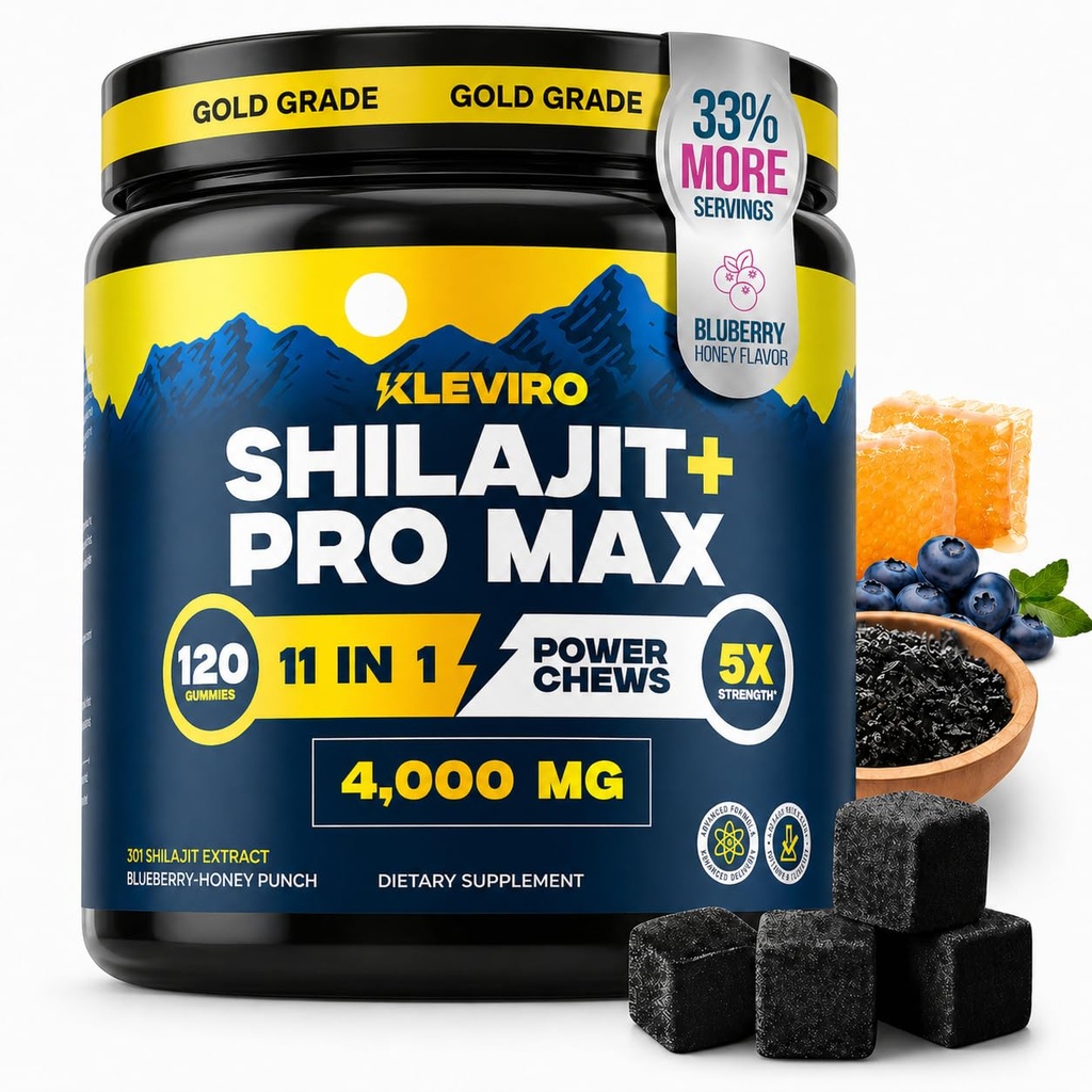 KLEVIRO 30:1 Gummie Shilajit per gli uomini | 78% Acido Fulvico | 11-in-1 Complesso con Ashwagandha, Tongkat Ali, Manuka Honey, Rhodiola, Lion's Mane | Non Aggiunto Sugar | GMP Certified & Lab Tested
