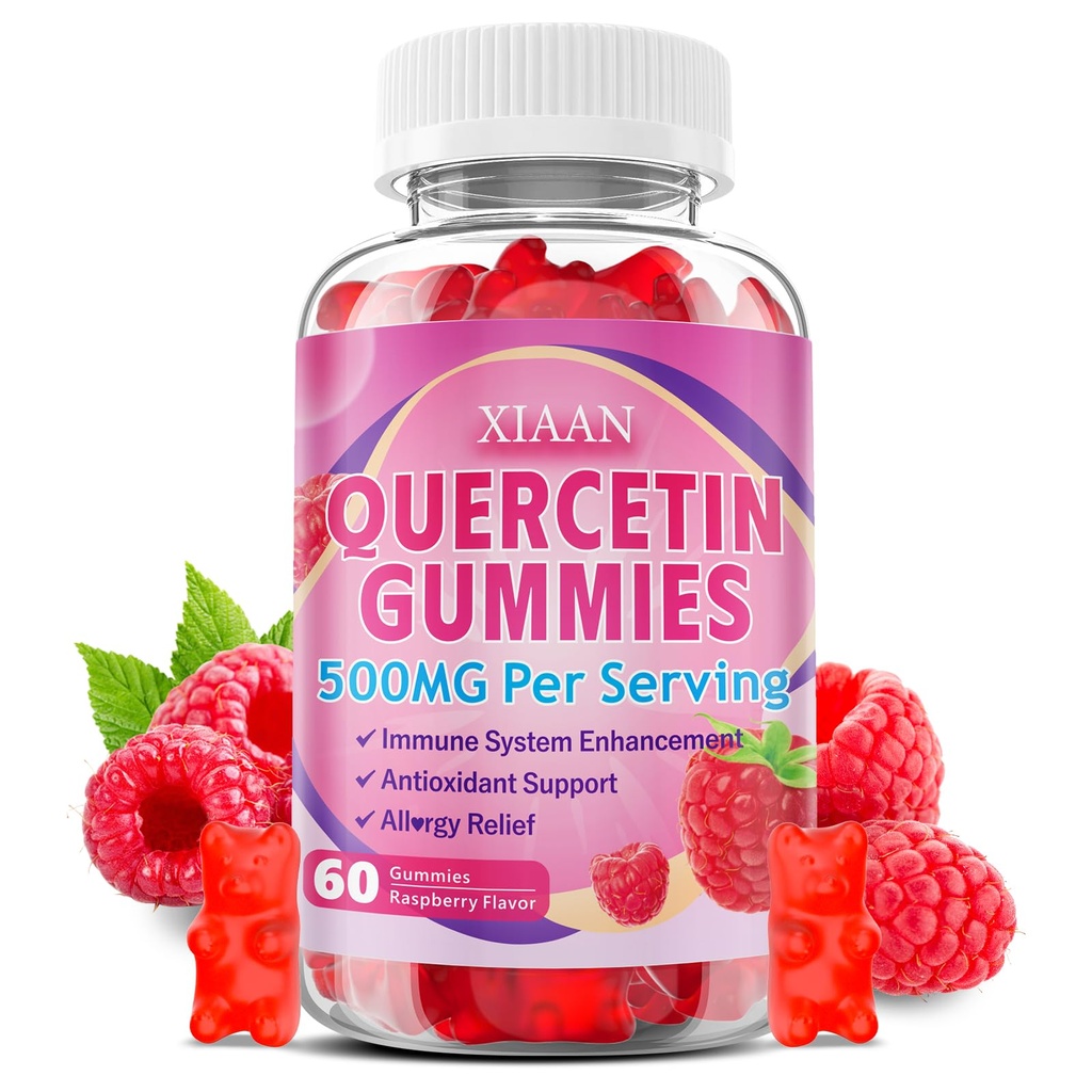 Quercetin Gummies 500mg per Bambini & Adulti, Integratori di Quercetina Organici con Vitamina di Zinco di Bromelain C e D3 Supporto Antiossidante & Salute del sistema immunitario, Raspberry Flavor 60 Conte
