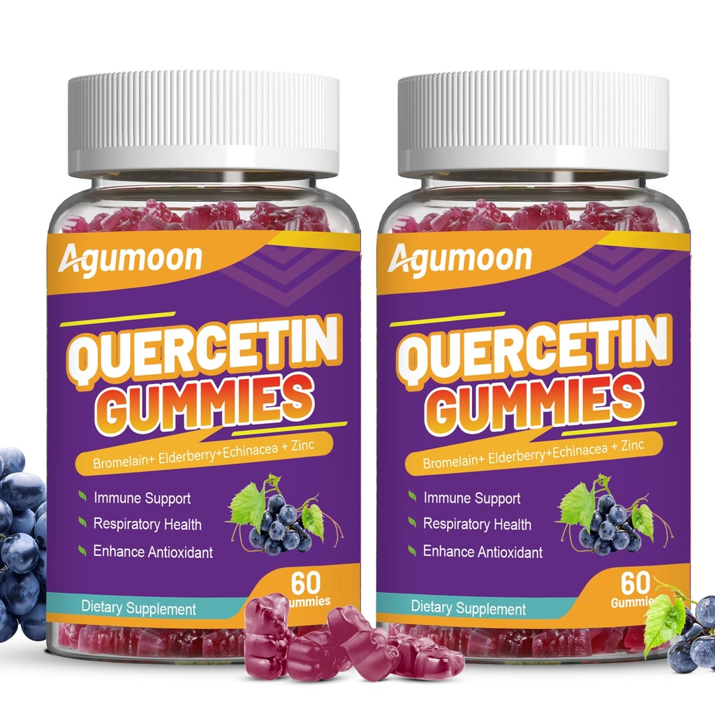 2 Pack Quercetin Gummies, 1000mg Quercetin con Bromelain Zinc Elderberry, Supporto Immune & Antiossidante, Vegan Gummies per Adulti & Bambini, 120 Conte
