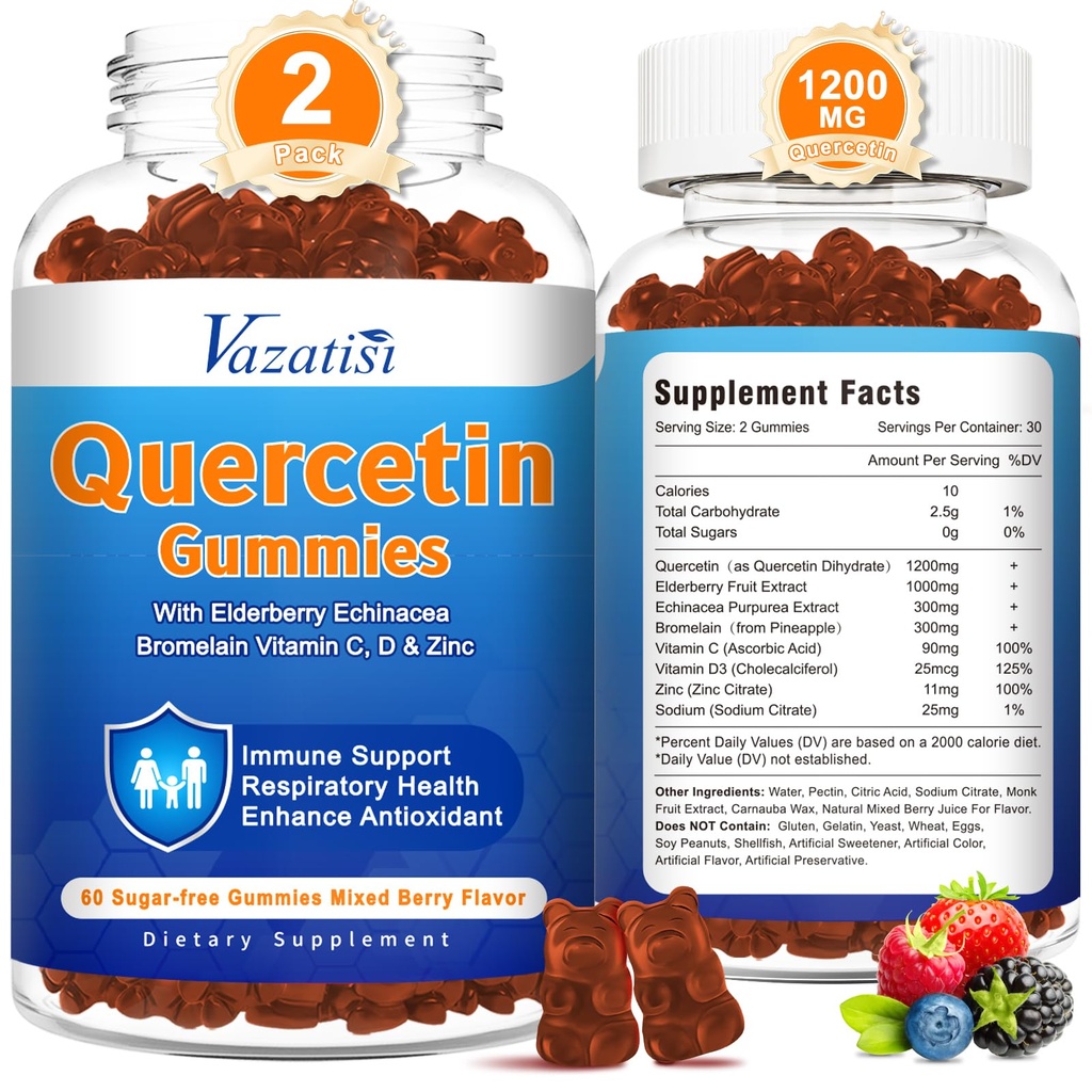 2 Pack Quercetin con Bromelain Gummies, Quercetin con vitamina C Zinc & Elderberry per Immune System & Allergy, Chewable & Vegan Gummies, Mixed Berry Flavor 120 Cts