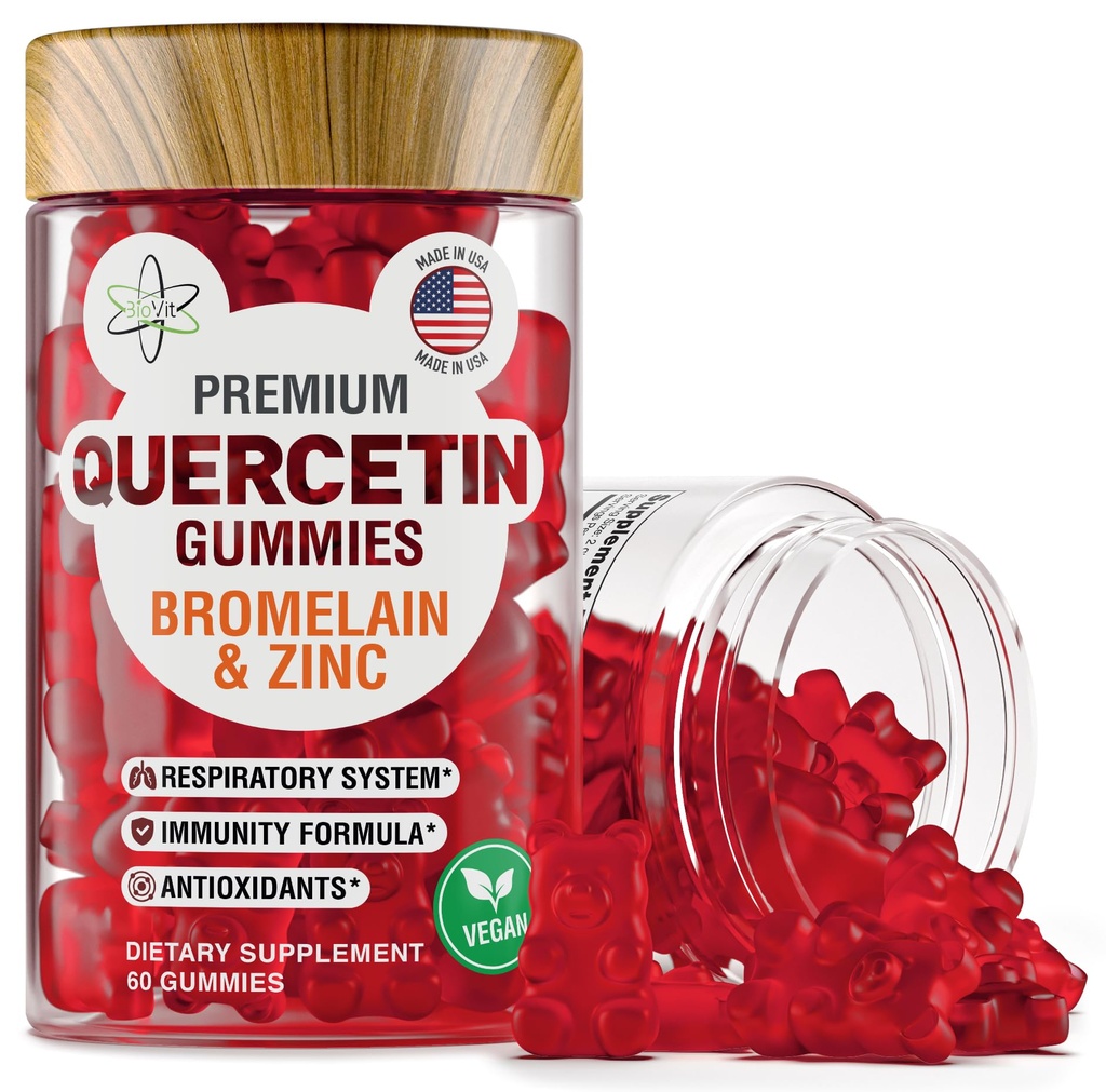 BioVit Quercetin Gummies 500MG - Quercetina attivata per bambini e adulti Immune System & Allergy - Chewable with Bromelain, Zinc, Vitamina C, Vitamina D3 - Made in USA - 60 Vegan Gummy Bears