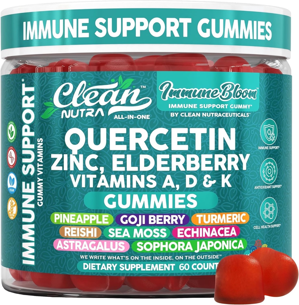 Clean Quercetin Elderberry Supporto Immune Gummies | Vitamina di zinco K2 D3 A Bromelain Goji Berry Turmeric Sea Moss Echinacea Astragalus Selenium Olive Leaf Immunity Supplemento Gummy Vitamine
