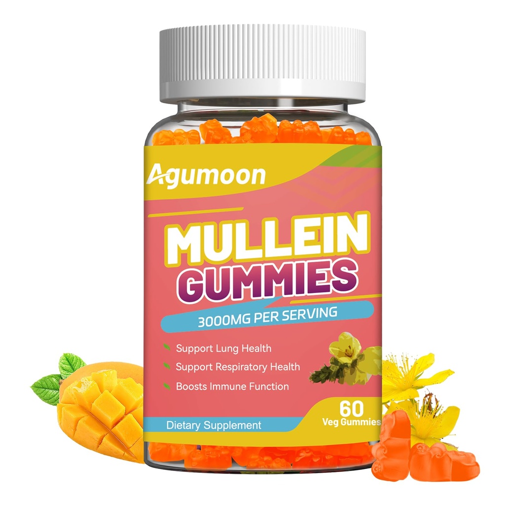 3000MG Mullein Gummies, Estratto di foglie di Mullein ad alta resistenza con Quercetin, Bromelain per Detox Lung & Supporto immunitario, Mango Flavor, 60 Conte