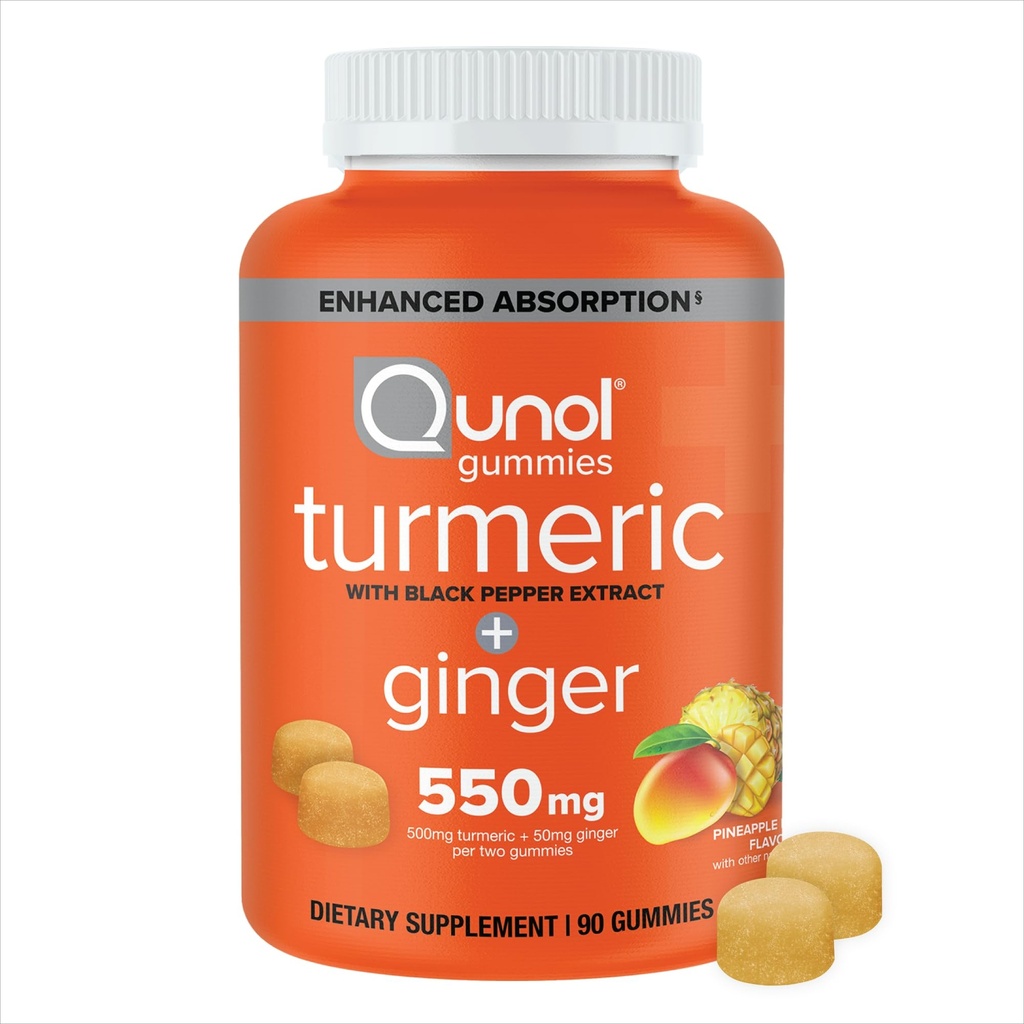 Qunol curcuma e zenzero con pepe nero Gummies, curcumina curcuma curcuma supplemento, pancia del supporto sanitario comune, 90ct Gummies