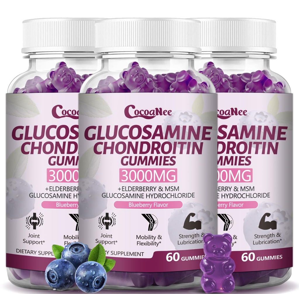 3 Packs 3000MG Glucosamine Chondroitin Gummies, Extra Strength Joint Support Supplement with MSM & Elderberry, Flessibilità, Antiossidante Supporto Immune Gummy for Adults, Men & Women 180Cts