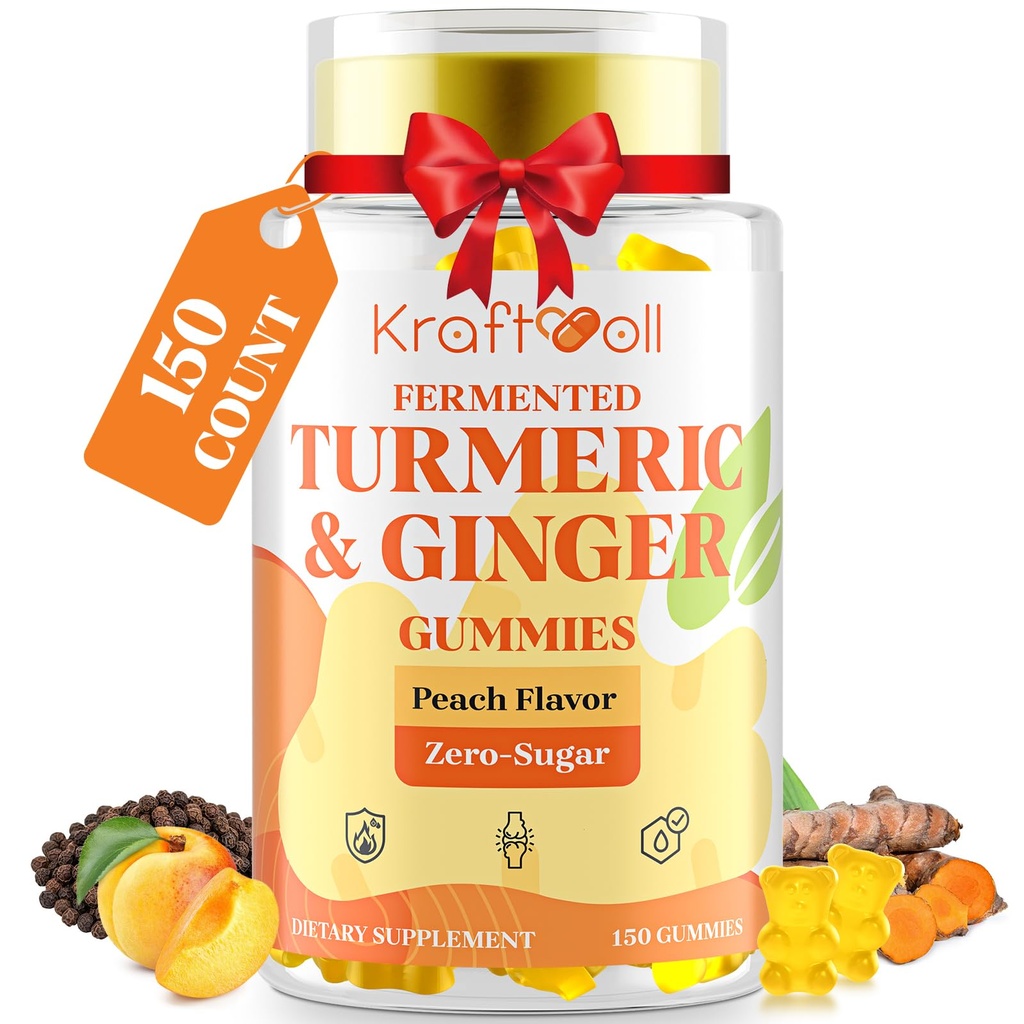 5 Mesi di Alimentazione Turmerica e Ginger Gummies con Pepe Nero, Curcuma Fermentata per Comfort & Mobility Joint, Senza Zucchero con Vitamina D3 + K2, Natural Peach Flavor – 150 Gummies