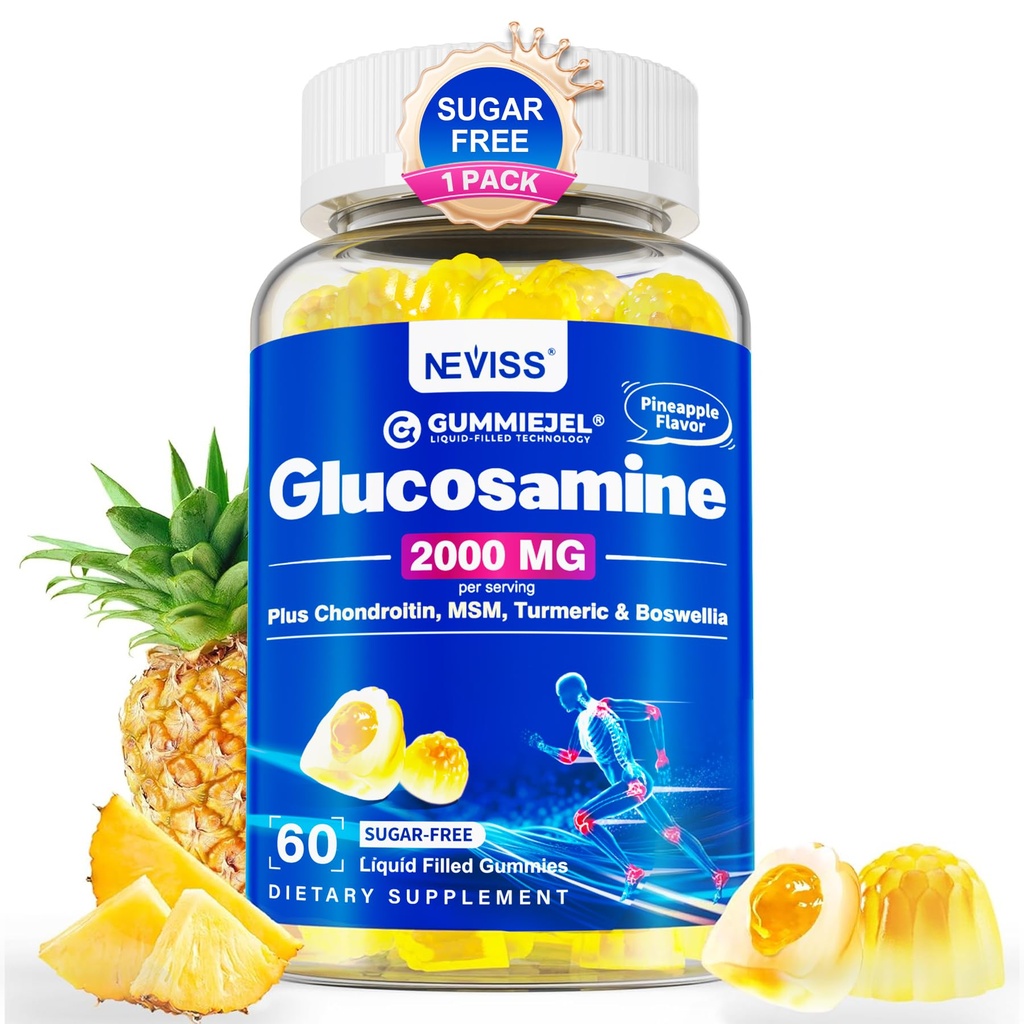 Zucchero senza Glucosamina Condroitin MSM Gummies - Max Strength Mobility Supplement per le donne e gli uomini w/ Glucosamine Sulfate 2000mg, Boswellia, Curcumina e Acido Ialuronico - Supporto per Flessibilità - 60Cts