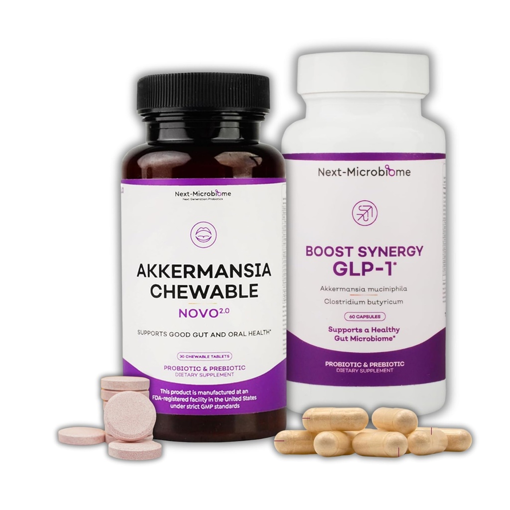 NEXT-MICROBIOME Akkermansia Muciniphila Integratore Probiotico 2 Set – Masticabile & Capsule Duo per Gut e Supporto Orale, Benessere Digestivo e Metabolico per Donne & Uomini