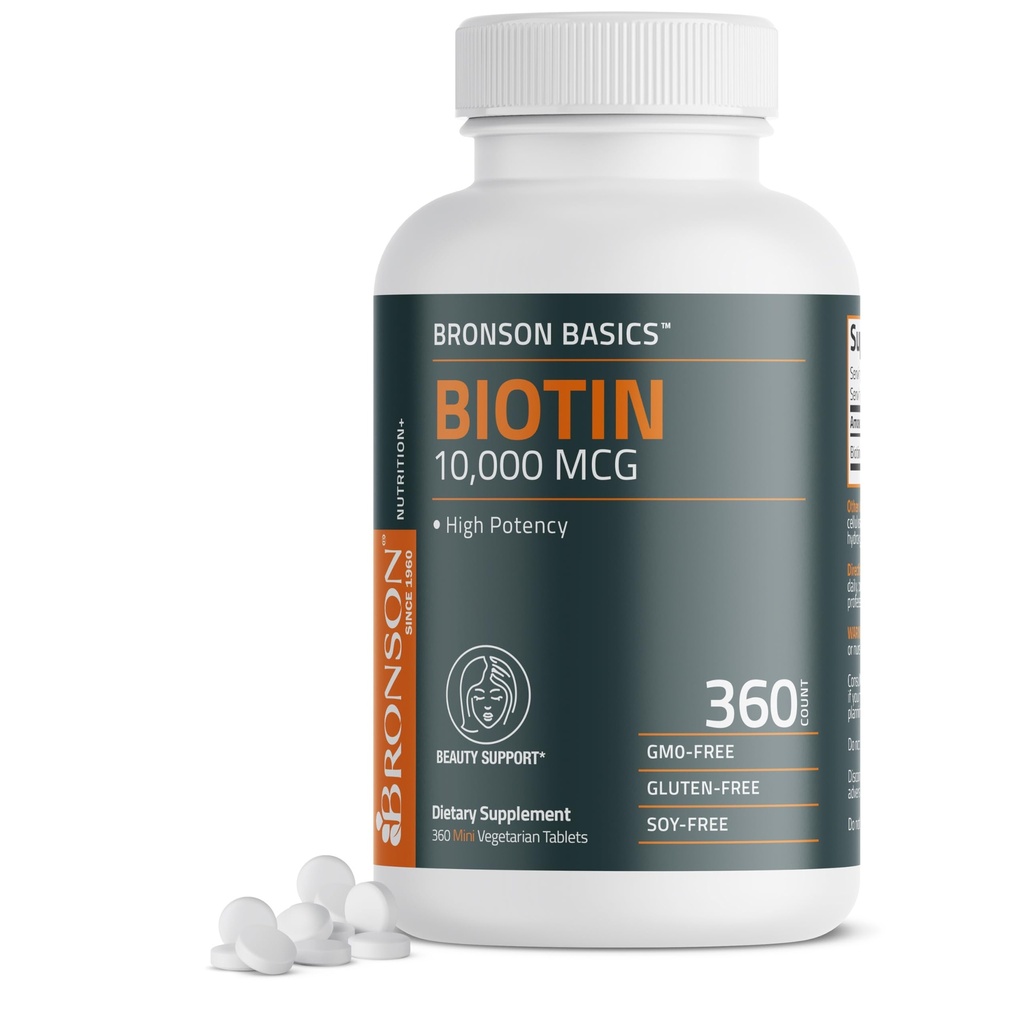 Bronson Biotin 10.000mcg, Supporta capelli sani, pelle e unghie, Vegetariano, Non OGM, 360 compresse