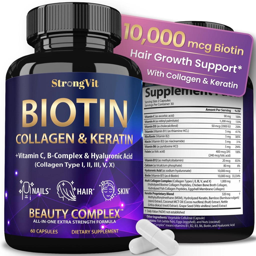 Biotina StrongVit con acido ialuronico, integratori di cheratina e collagene - 10000mcg per la crescita dei capelli Donne e Uomini - Capelli e Vitamine - 60 capsule