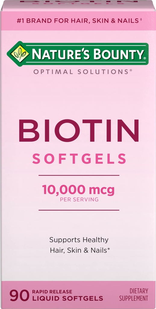 Bounty Biotin 10000mcg Supplemento, Supporta capelli sani, pelle e unghie, Soluzioni ottimali Vitamina capelli con biotina, 90 Softgel liquidi a rilascio rapido