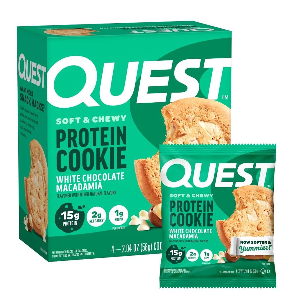 Quest Nutrizione Bianco Cioccolato Macadamia Protein Cookie, 15g Protein, 1g Zucchero, 2g Carbi Netti, Keto Friendly, Alta Proteina, Carbo basso; 4 Conte