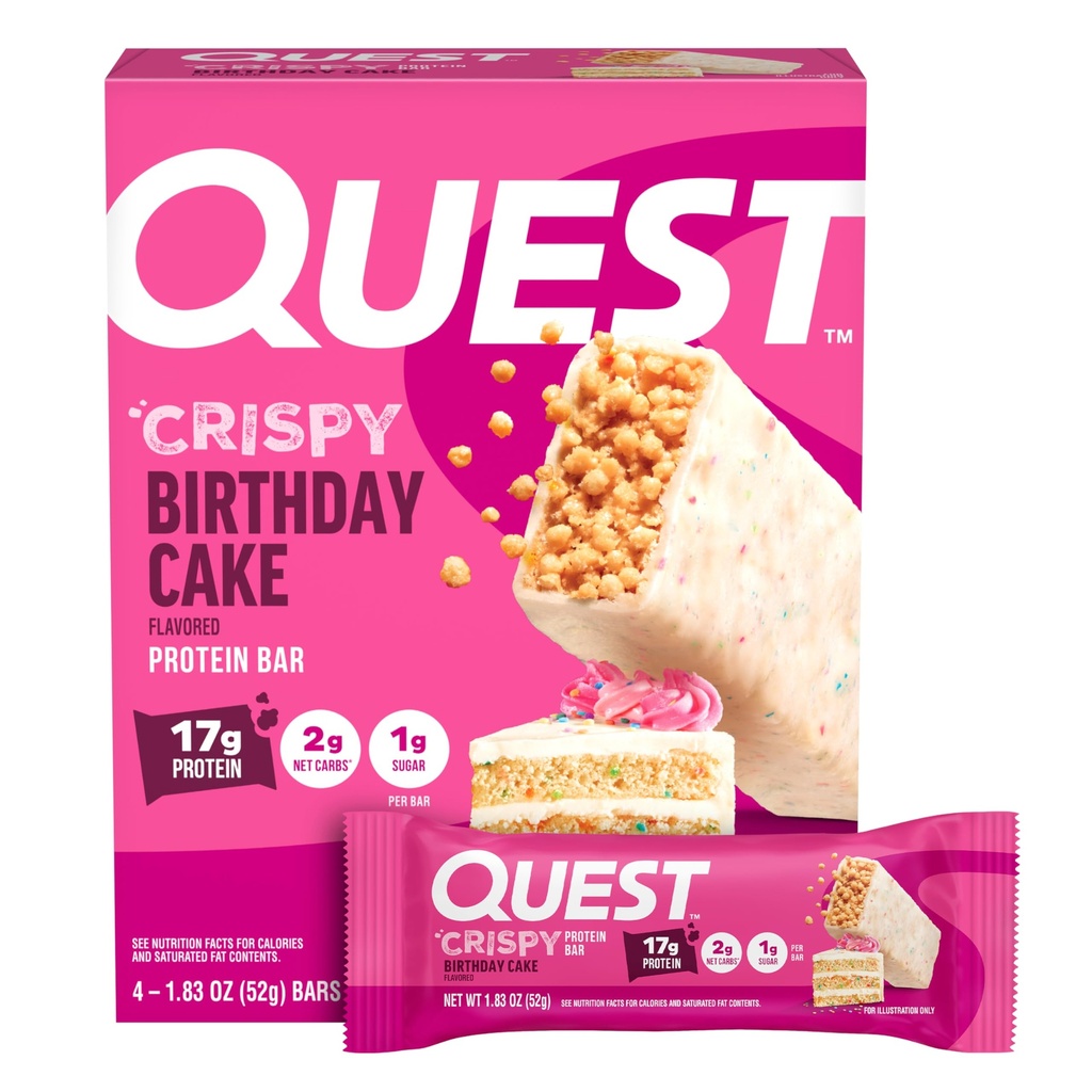 Quest Nutrition Crispy Birthday Cake Protein Bar, 17g Protein, 1g Sugar, 2g Carbs Net, Gluten Free Protein Snack, Keto Friendly, 4 Count