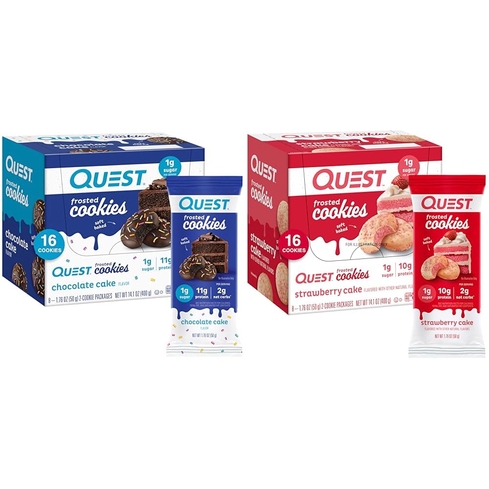 Quest Nutrition Frosted Cookies Twin Pack Bundle, Chocolate Cake 1g Sugar 11g Protein 2g Net Carbs and Strawberry Cake 1g Sugar 10g Protein 2g Net Carbs, Gluten Free, 16 Cookies