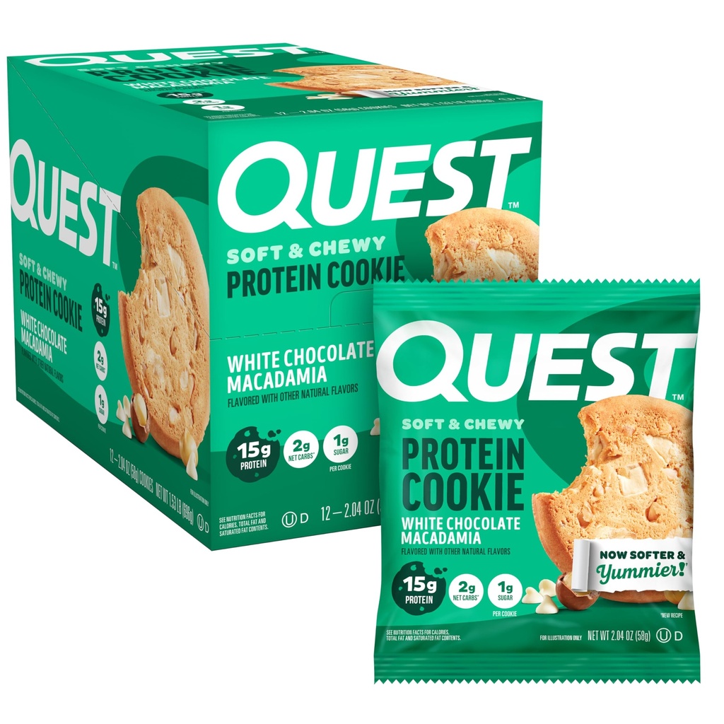 Biscotto di proteine di Macadamia di cioccolato bianco di ricerca, 15g proteine, 1g zucchero, 2g carboidrati netti, Keto Friendly, proteine alte, carbo basso; 12 conte