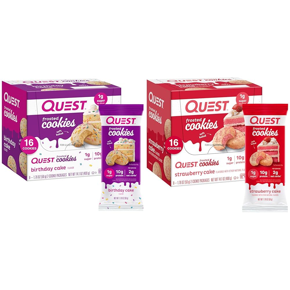 Quest Frosted Cookies Twin Pack con torta di compleanno 1g Zucchero 10g Proteine 2g Carbs Net Gluten Free 8 Conte e torta di fragole 1g Zucchero 10g Protein 2g Carbs Net Gluten Free 16 Cookies