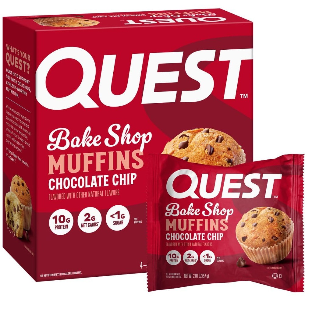 Quest Nutrition Chocolate Chip Muffin, 10g Protein, 2g Net Carb, Meno di 1g Sugar, Protein Snack, 4 Count