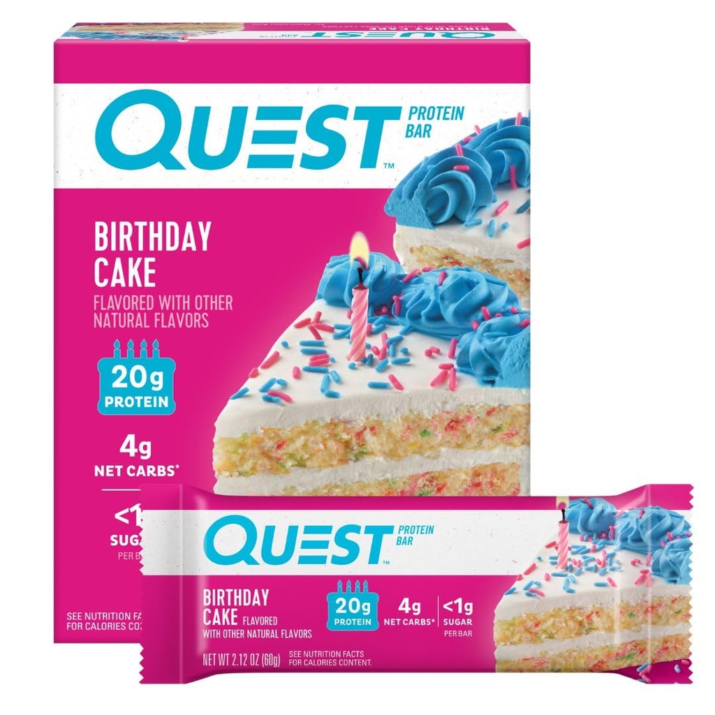 Quest Nutrition Compleanno Cake Protein Bars, 20g Protein, 4g Carbs net, 1g Sugar, Gluten Free, Keto Friendly, 4 Count