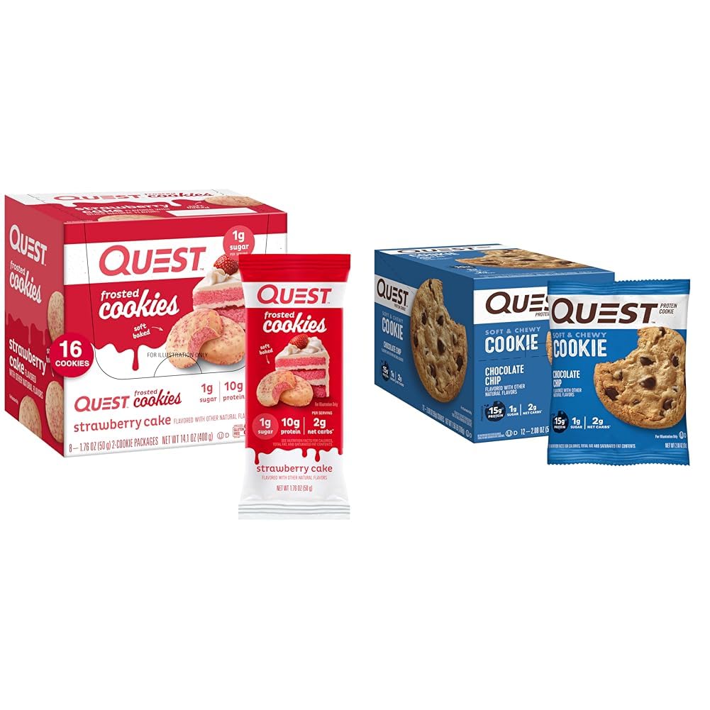 Quest Nutrition Frosted torta di fragole & Chocolate Chip Protein Cookie Bundle, 1g Zucchero, 10g Protein, 2g Carbs Net, Gluten Free, 16 & 12 Conte