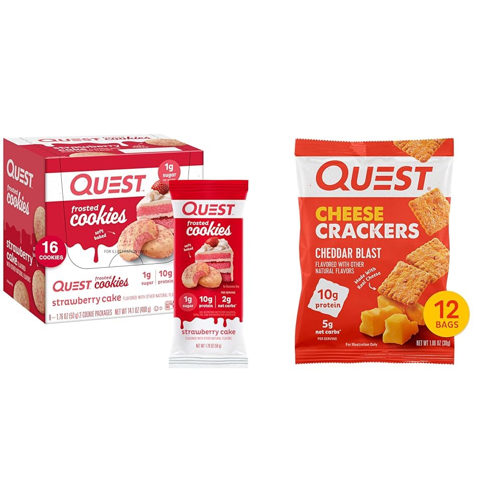 Quest Nutrition Frosted Cookies Twin Pack, Torta di fragole, 1g Zucchero, 10g Protein, 2g Carbs Net & Cheese Crackers, Cheddar Blast, High Protein, Carb basso, Realizzato con formaggio reale, 12 Ct
