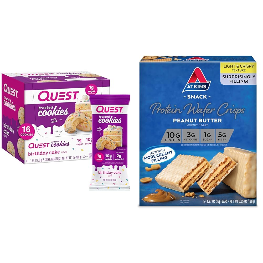 Quest Birthday Cake Frosted Cookies Twin Pack con 16 Cookies e Atkins Peanut Butter Protein Wafer Crisps con 5 Count