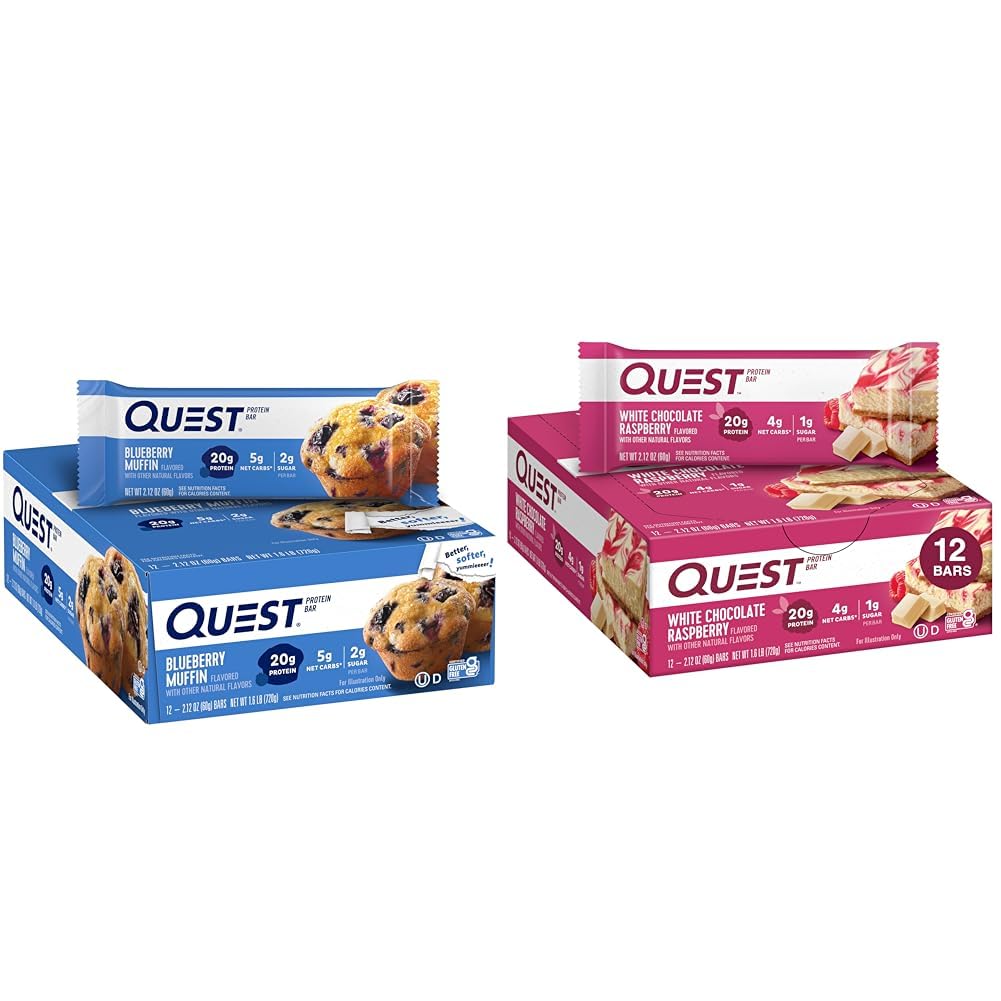 Quest Blueberry Muffin (12 Conte) e White Chocolate Raspberry (12 Conte) Protein Bars Bundle, Alta Proteine, Gluten Free