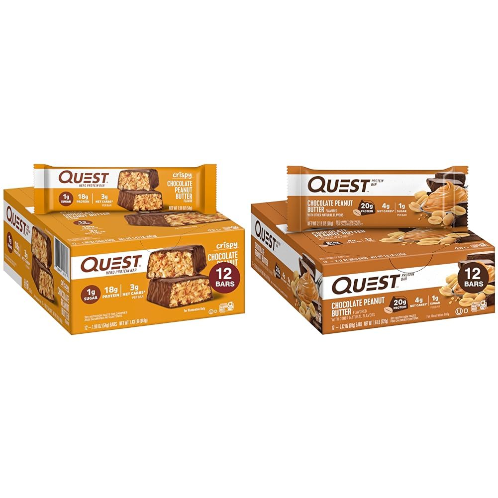 Quest Nutrition Crispy Chocolate Peanut Butter Hero Protein Bar, 18g Protein & Chocolate Peanut Butter Bar, High Protein, Low Carb, Gluten Free, Keto Friendly, 12 Count
