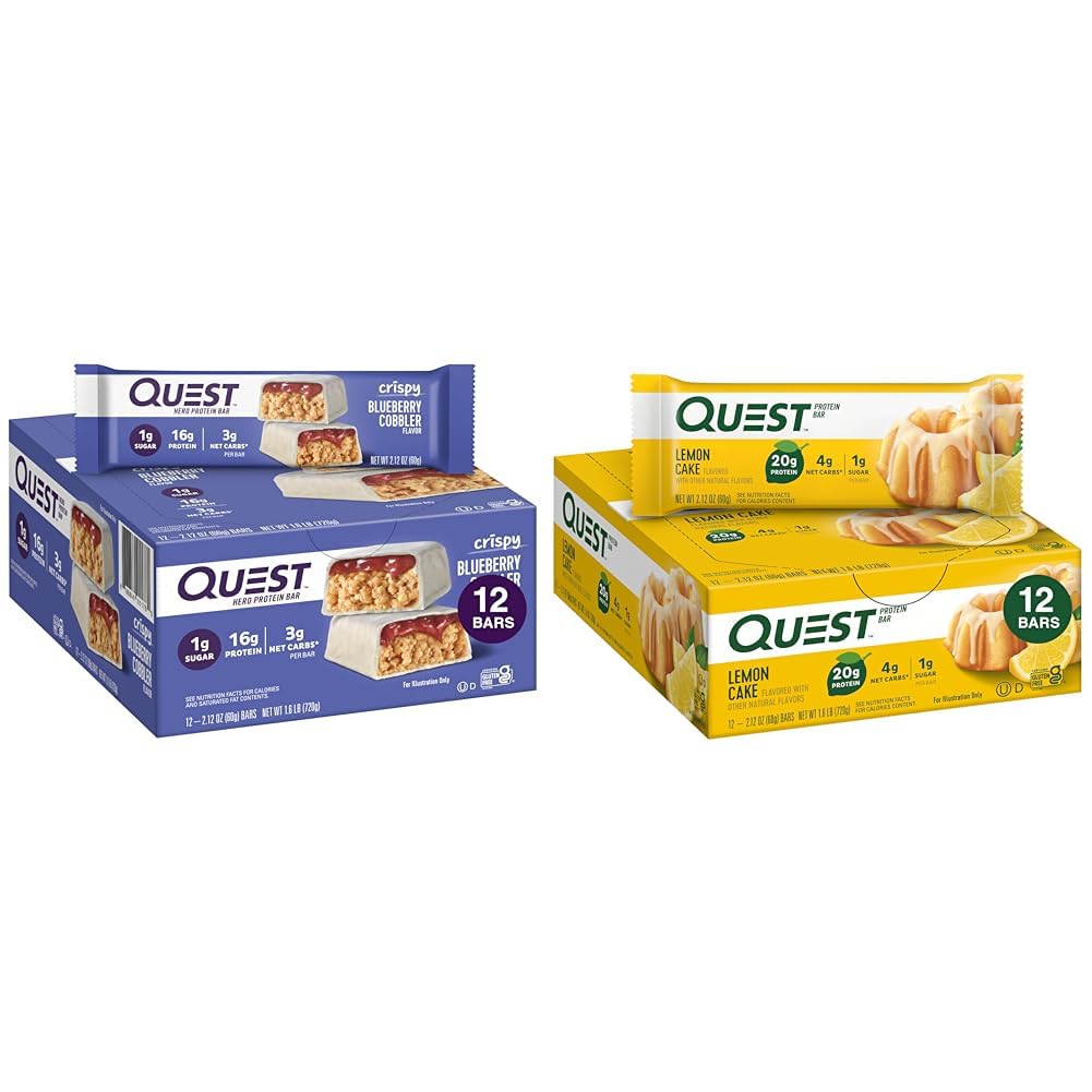 Quest Nutrition Crispy Blueberry Cobbler Hero Protein Bar, 16g Protein, 1g Sugar, 3g & Lemon Cake Protein Bar, High Protein, Low Carb, Gluten Free, Keto Friendly