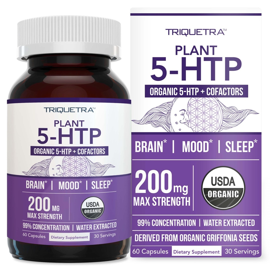 Organic 5-HTP - 200 mg | 99% 5HTP Concentrazione, Plus Cofactor Vitamin B6 & Lion’s Mane | Acqua estratto da Organic Griffonia Seeds | Support Mood, Cognition & Sleep (60 Capsule | 30 Serve)