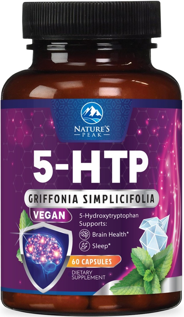 5-HTP Supplemento - 5-HTP 200mg Per Serving - Extra Forza 5HTP (5-Hydroxytryptophan) Griffonia Simplicifolia - Supporta sonno riposante, naturale calma & salute del cervello - Bottigliato negli Stati Uniti - 60 capsule