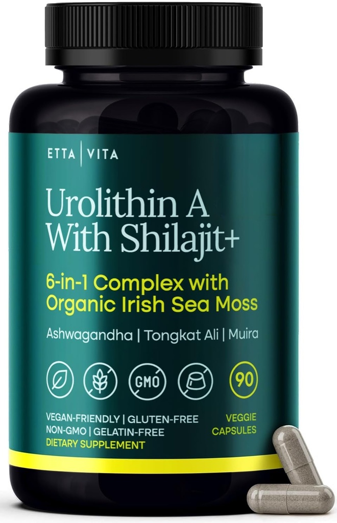 Urolithin-A Complex w Shilajit, Organic Sea Moss, Ashwagandha & Tongkat Ali, Natural Energy, Libido, Hormone Balance, e Focus for Men & Women (Made in USA - 3rd Party Tested)