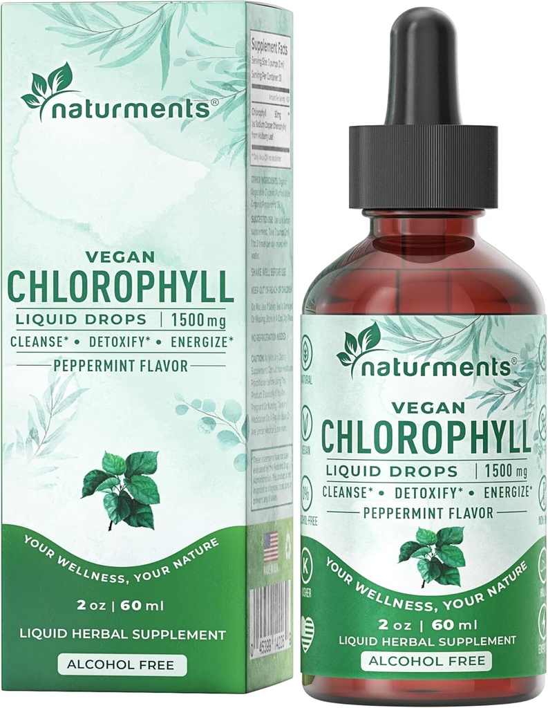 Gocce di liquido clorofilla: - Deodorante naturale, Supporto immunitario, Boost di energia - Clorofila Concentrato con olio di menta piperita organica - 30 Serve, 60 Ml