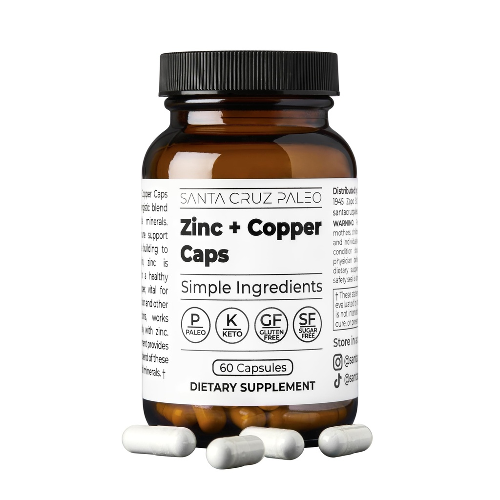 Santa Cruz Paleo, Zinc & Copper Mineral Supplement, High Absorption Formula, Zinc Supplement per Skin & Hair, L Metionina, Copper Gluconate, Trace Minerals, Gluten Free, Keto, Paleo, 60 Capsule