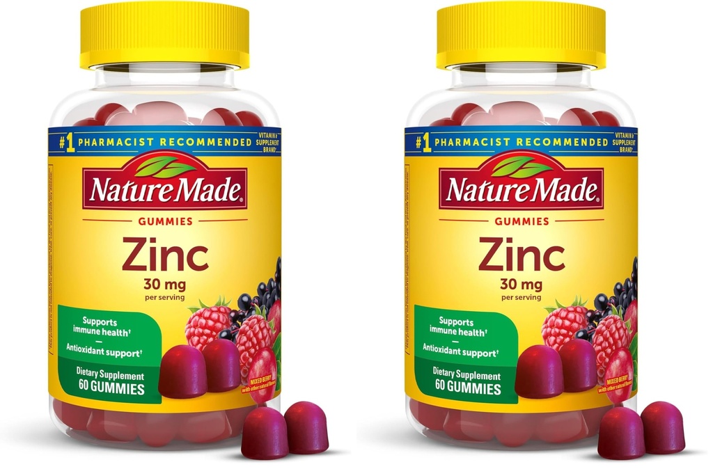 Integratori di zinco realizzati in natura 30 mg per il servizio, supplemento dietetico per la salute immunitaria e il supporto antiossidante, 60 gommoni di zinco, alimentazione di 30 giorni, (pacchetto di 2)