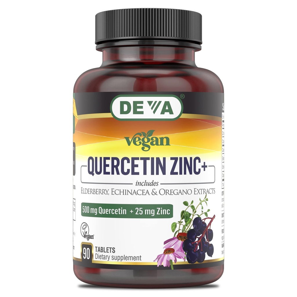 DEVA Vegan Quercetin 500mg Plus 25mg Zinco con Elderberry, Echinacea e Estratto di origano -No ingredienti di animali - 90 compresse, 1-Pack