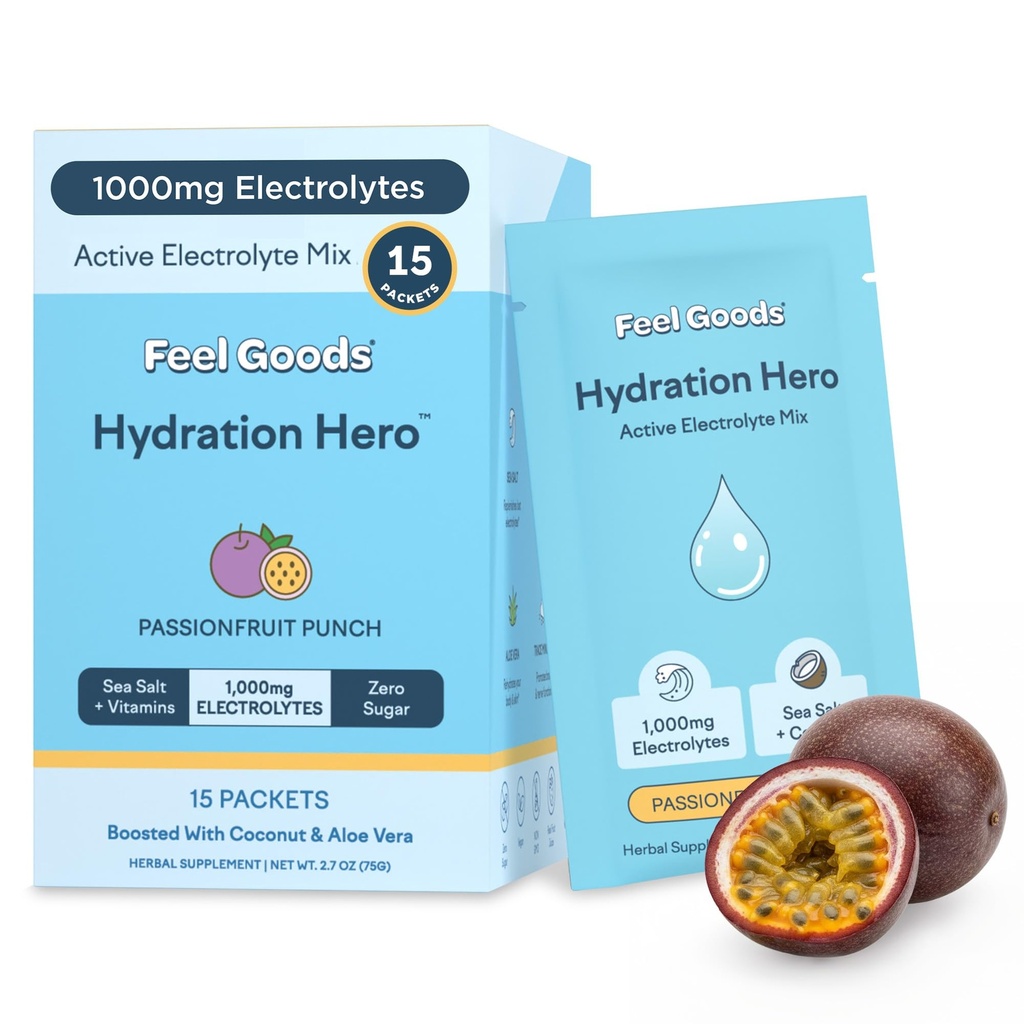 Sentire le merci Eroe di idratazione, 1.000 mg di polvere di elettroliti, senza zucchero, magnesio, organico Aloe Vera, L Theanine, Vitamina C & B12, Keto, Vegan, Electrolyte Packets, Passion Fruit Punch, 15 Conte