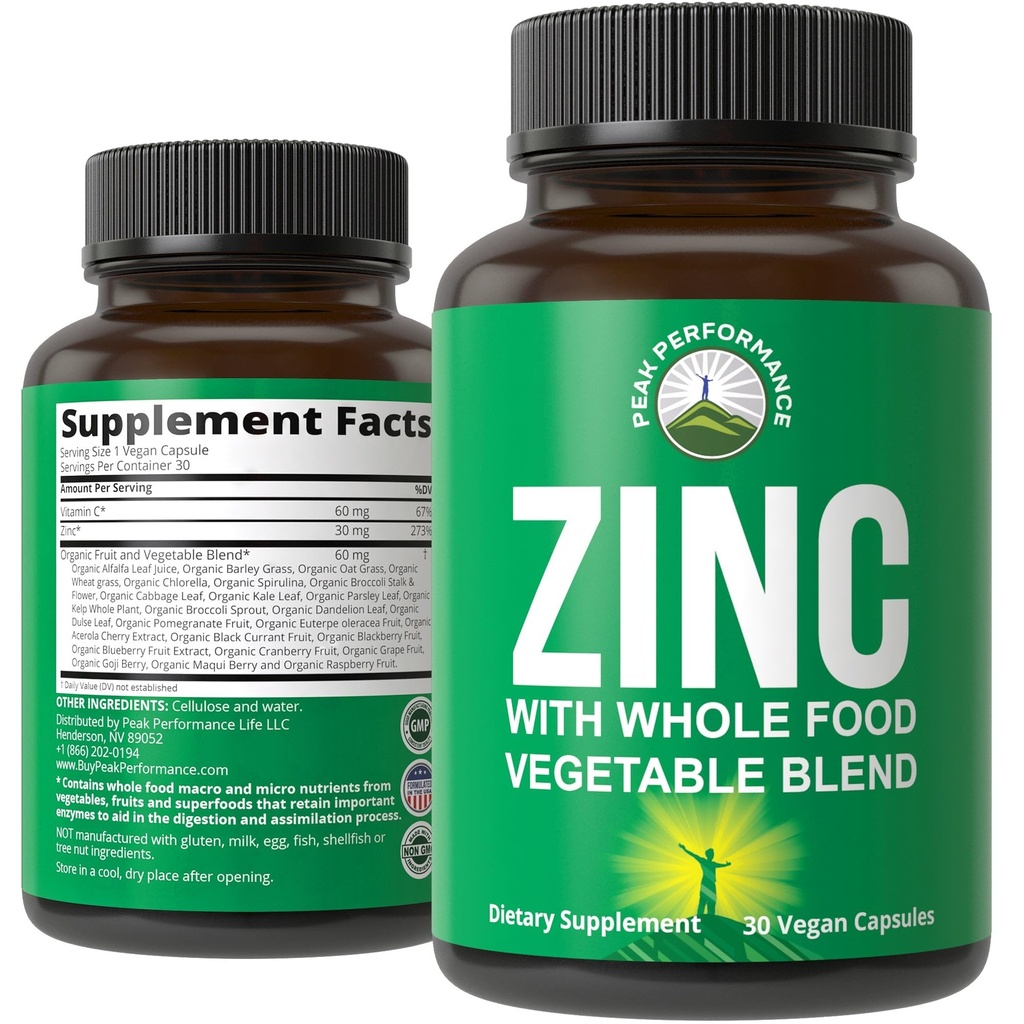 Integratore di zinco vegano con vitamina C + miscela alimentare completa di 25 verdure e frutta per l'assorbimento massimo. Integratori di zinco 30mg capsule, pillole, compresse, vitamine per adulti sia uomini che donne